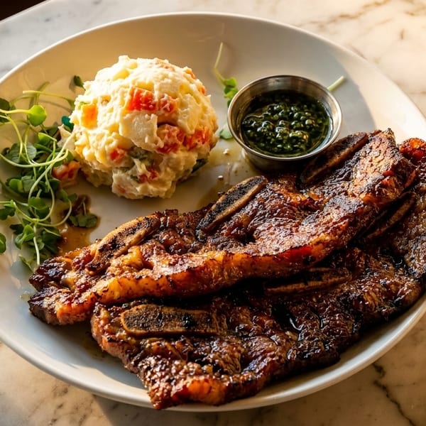 Grilled short ribs with potato salad, green sauce, and microgreens on a white plate.
