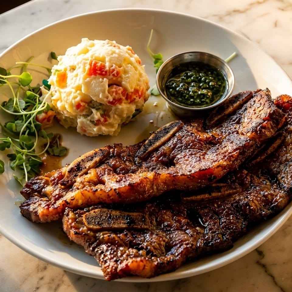 Grilled short ribs with potato salad, green sauce, and microgreens on a white plate.