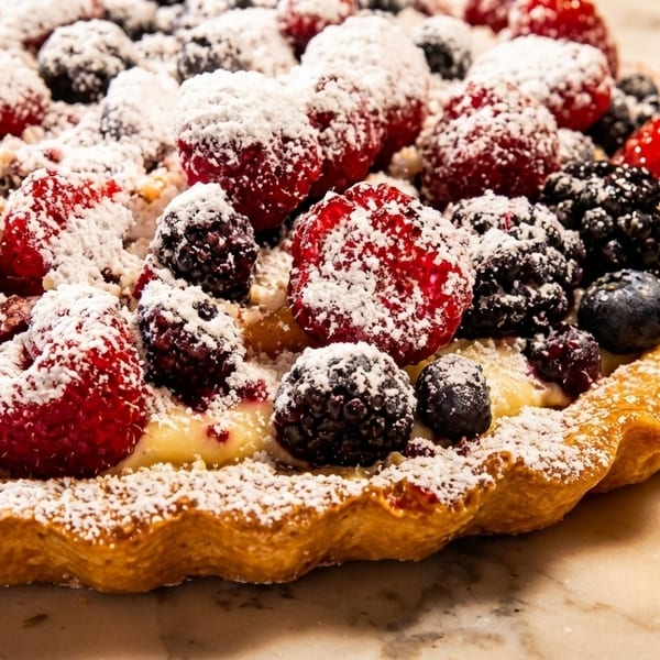 Close-up of a berry tart with raspberries, blueberries, and blackberries, dusted with powdered sugar.
