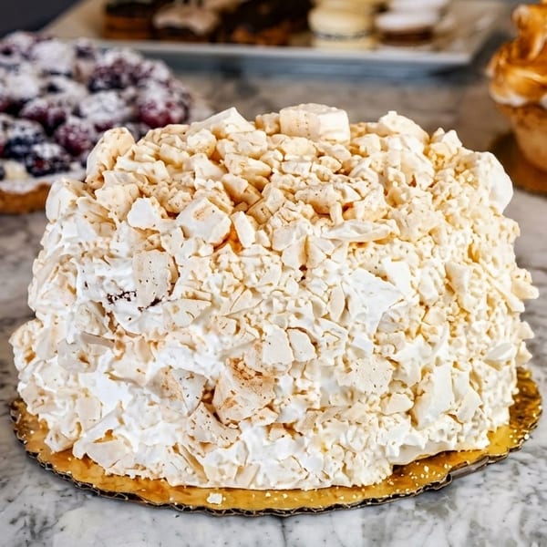 Meringue cake with a berry tart and lemon meringue pie on a marble counter.
