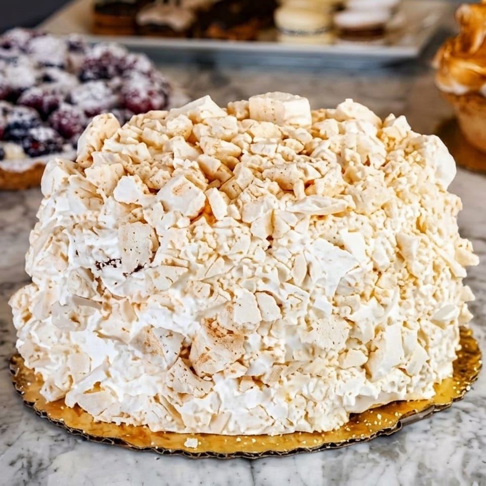 Meringue cake with a berry tart and lemon meringue pie on a marble counter.