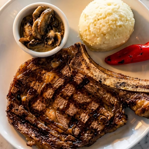 Grilled bone-in steak with mashed potatoes, sautéed mushrooms, and a roasted red pepper.
