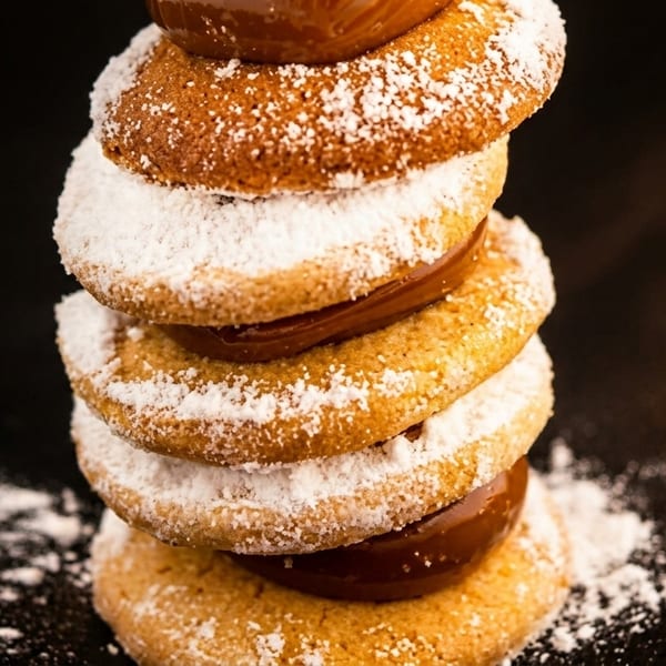 Stack of four alfajores, dulce de leche filling, dusted with powdered sugar on a dark surface.