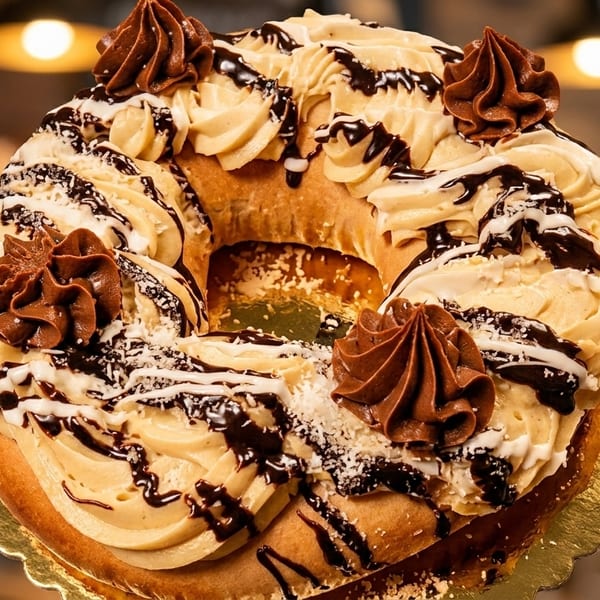 A round cake with light and dark frosting, chocolate drizzle, and coconut flakes.