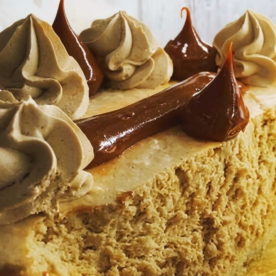 Close-up of a cheesecake with dulce de leche and coffee-flavored whipped cream swirls.